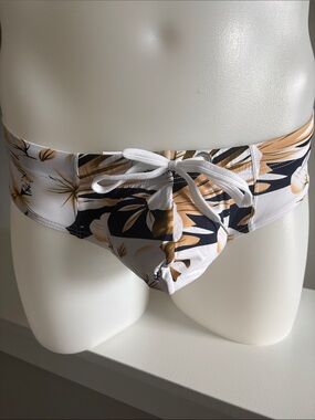 Men's White Floral Swim Briefs with Tan & Navy Print